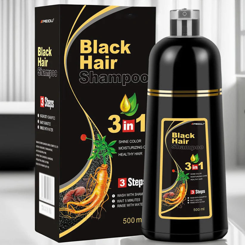 30% OFF 🔥 Shampoo 3 em 1 Preto – Cobre Instantaneamente os Cabelos Grisalhos e Fortalece as Raízes