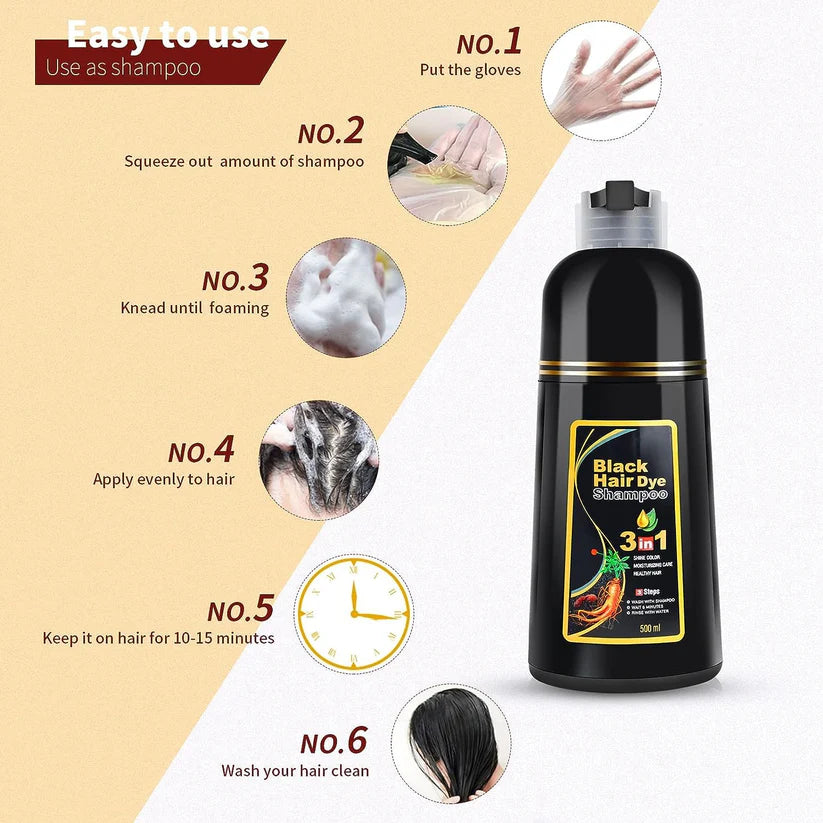 30% OFF 🔥 Shampoo 3 em 1 Preto – Cobre Instantaneamente os Cabelos Grisalhos e Fortalece as Raízes